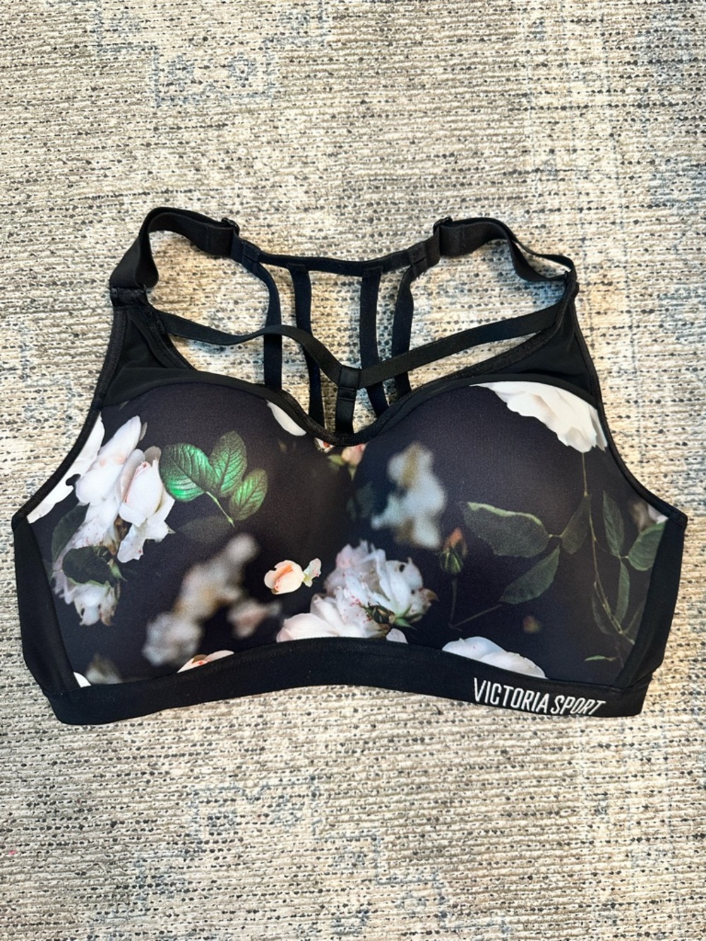 Victoria's Secret Floral High-Impact Sports Bra - Black with Green & White Print